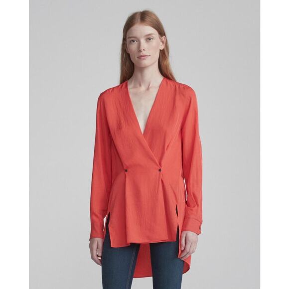 rag & bone Women's Red Debbie V-Neckline Black Button Collar Top Size Medium - Picture 1 of 11